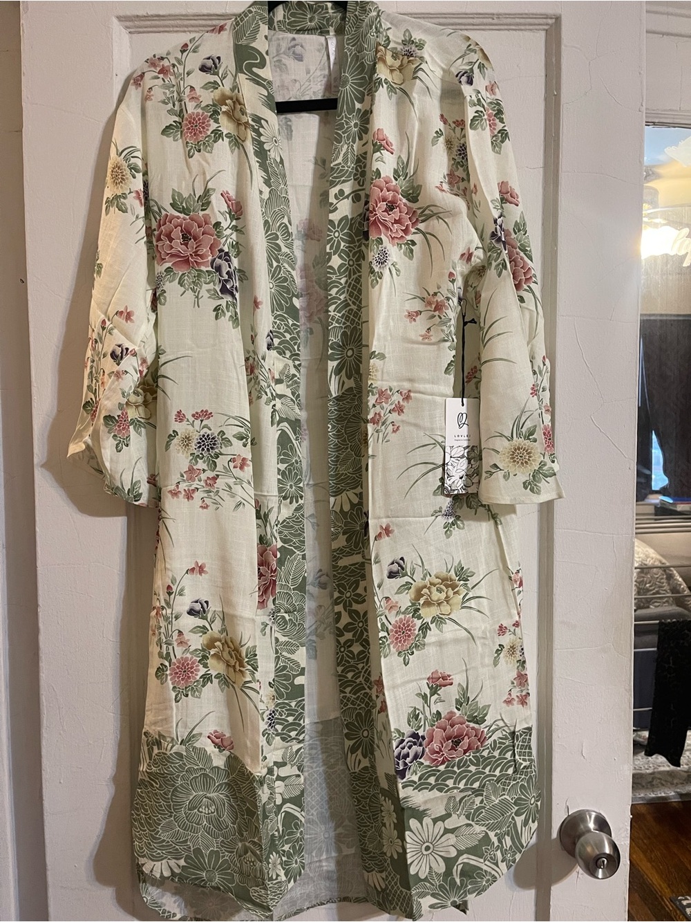 Floral Open-Front Kimono Jacket - Cream & Green